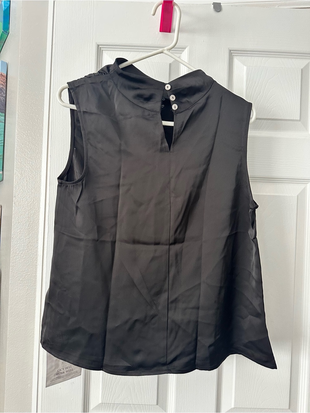 Sleeveless Black Mock Neck Blouse with Button Keyhole